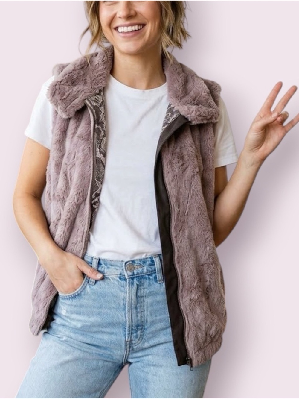 Sanctuary Faux Fur Vest with Lace Interior